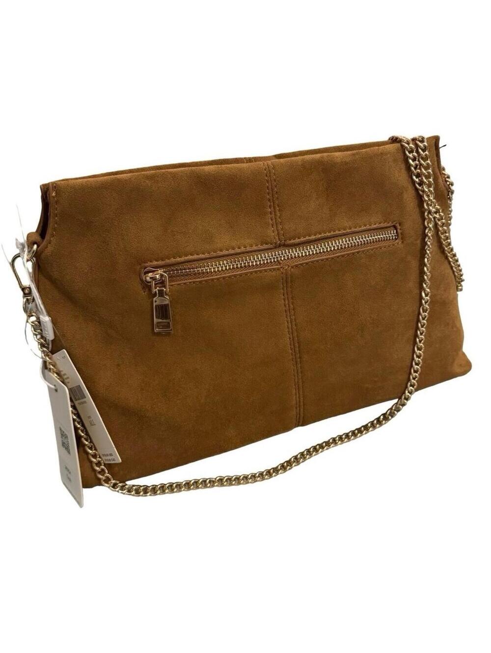 MODALUXE FAUX SUEDE CLUTCH Tan Brown Purse Anthropologie Crossbody gold chain - Picture 2 of 8